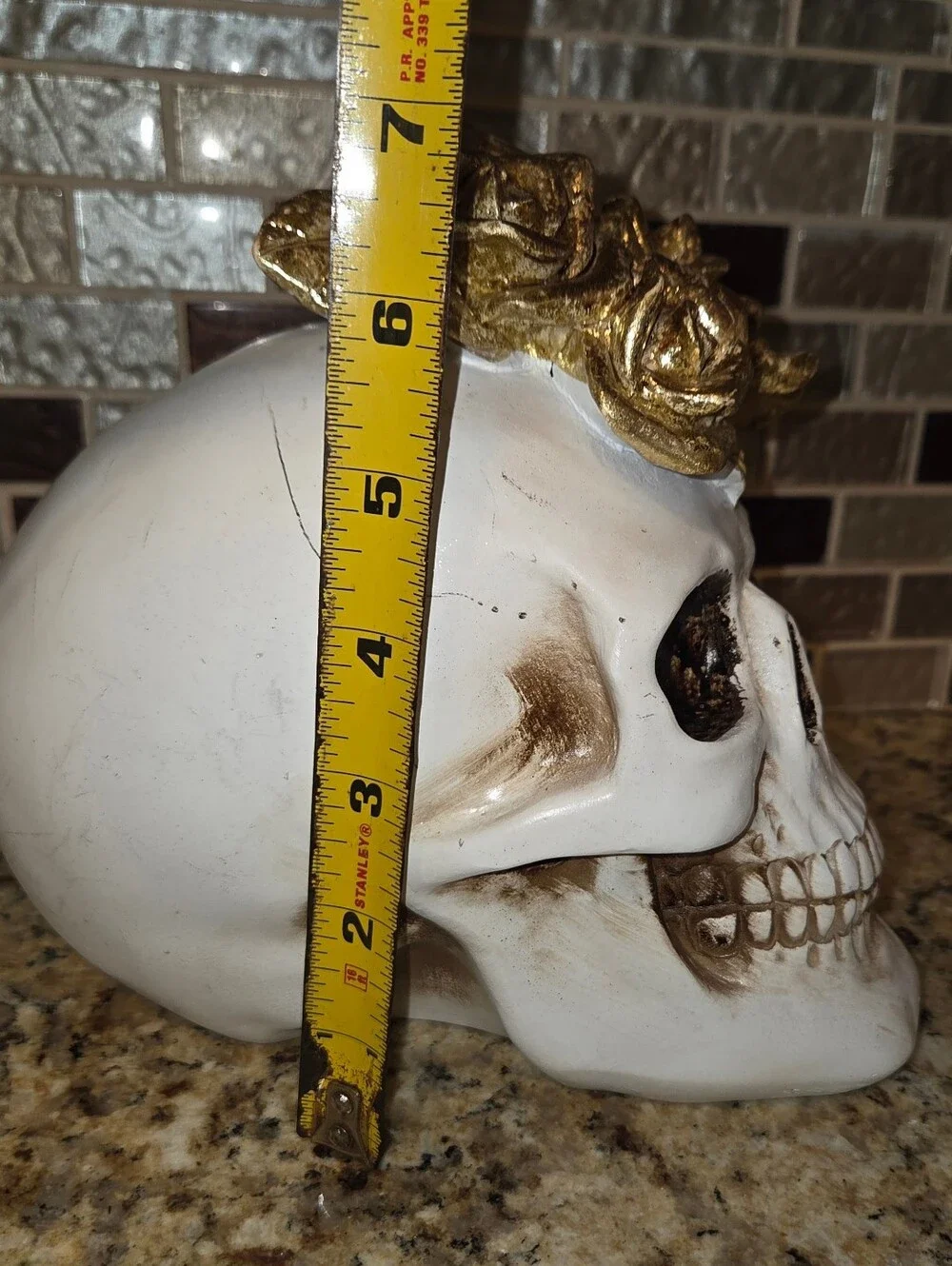 Decorative Resin Halloween Spooky White Skull with Gold Rose Accents